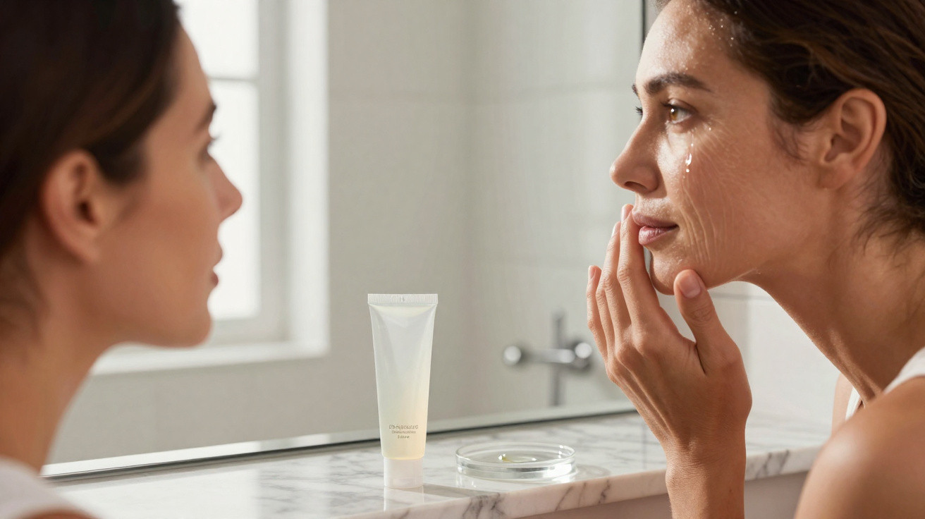 Mulher a aplicar creme facial em frente ao espelho numa casa de banho iluminada.