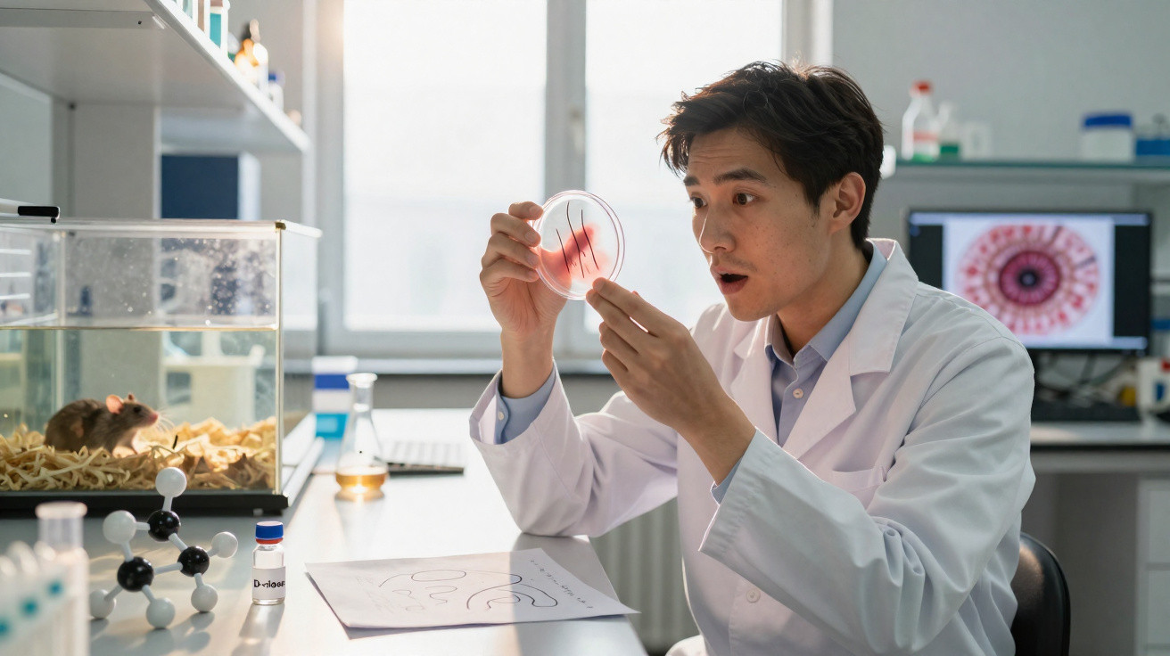 Cientista em laboratório observa placa de Petri com cultura rosa e desenhos de células, rato no ambiente ao lado.