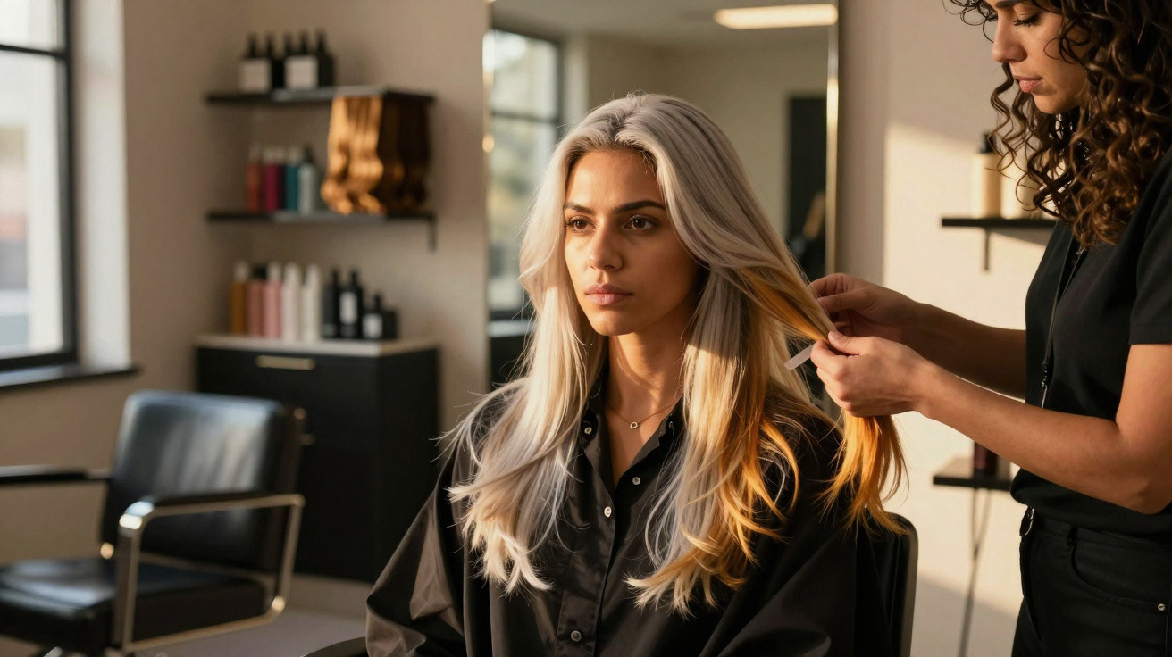 Mulher loira sentada num cabeleireiro a ser penteada por cabeleireira com cabelo escuro.