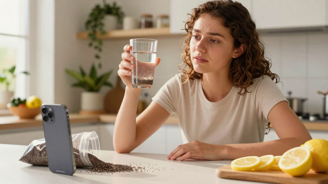 Mulher a olhar para copo com água e sementes de chia, sentado à mesa com limões cortados e telemóvel.