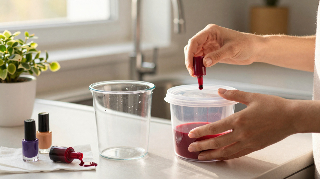 Mãos a misturar verniz de unha vermelho em recipiente de plástico na cozinha junto a copo e planta.