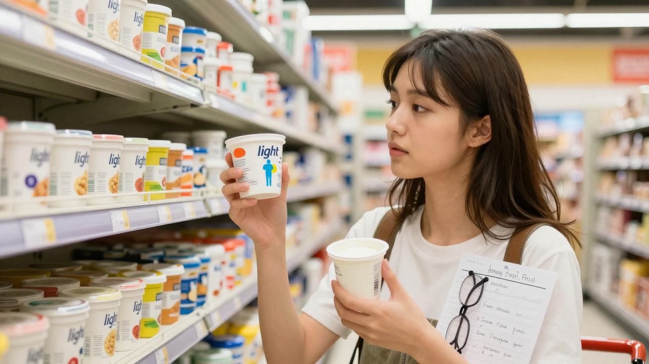 Mulher jovem com camiseta cinza a comparar iogurtes na prateleira de um supermercado.