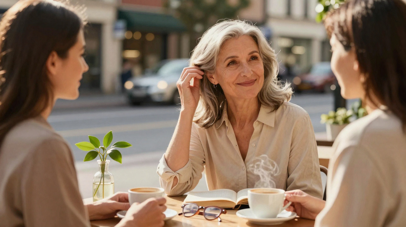 Três mulheres sentadas numa esplanada, conversando e bebendo café numa tarde ensolarada.
