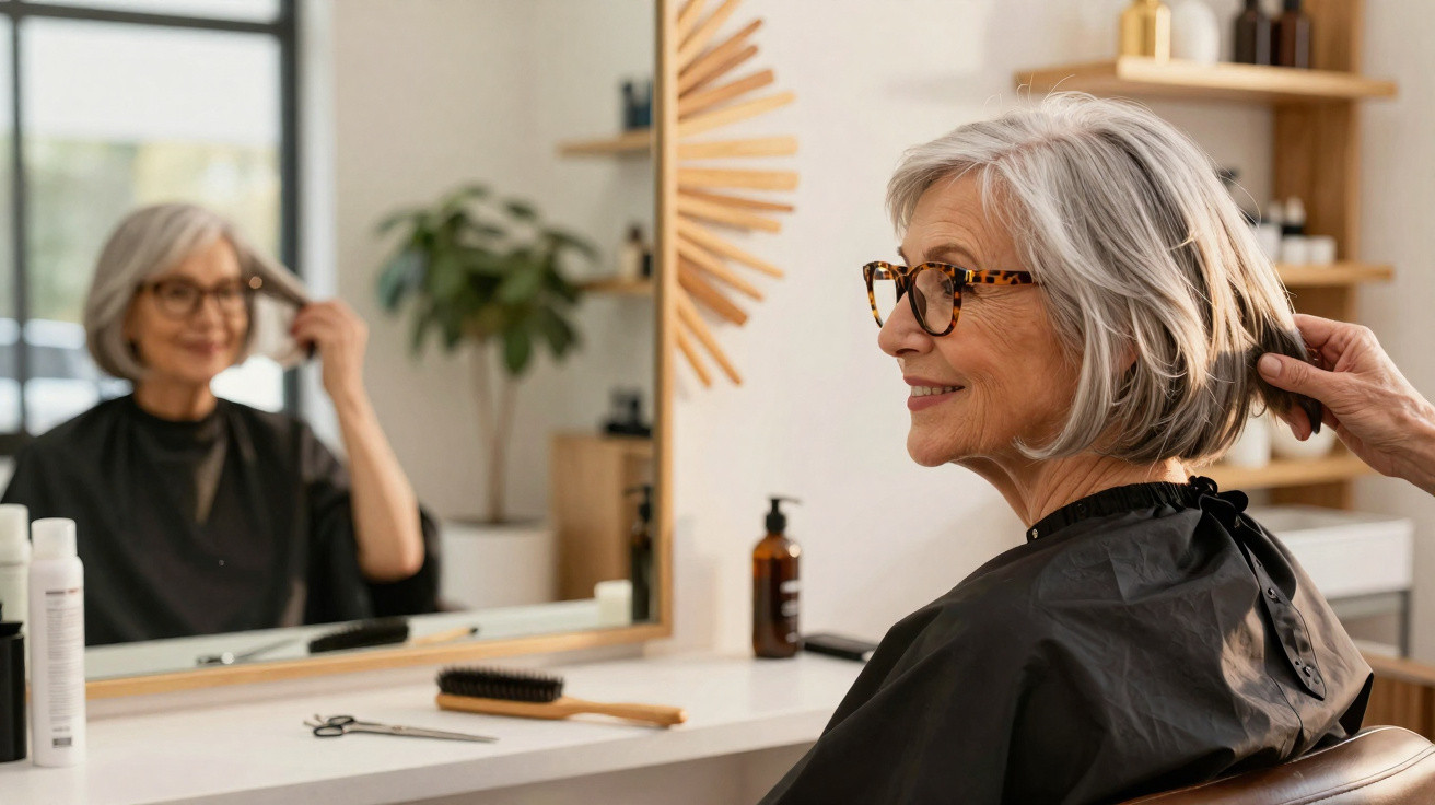 Mulher sénior com cabelo grisalho e óculos sorri sentada num salão de cabeleireiro, olhando para o espelho.