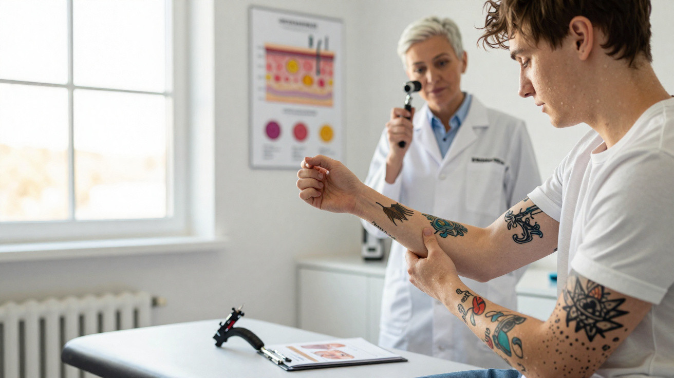 Jovem com tatuagens no braço a consultar dermatologista numa clínica moderna.