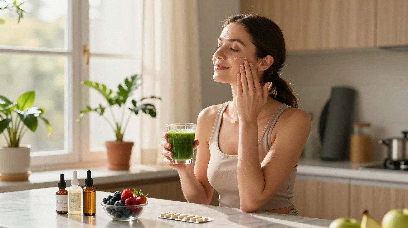 Mulher aplica creme no rosto enquanto segura copo de sumo verde numa cozinha luminosa e moderna.