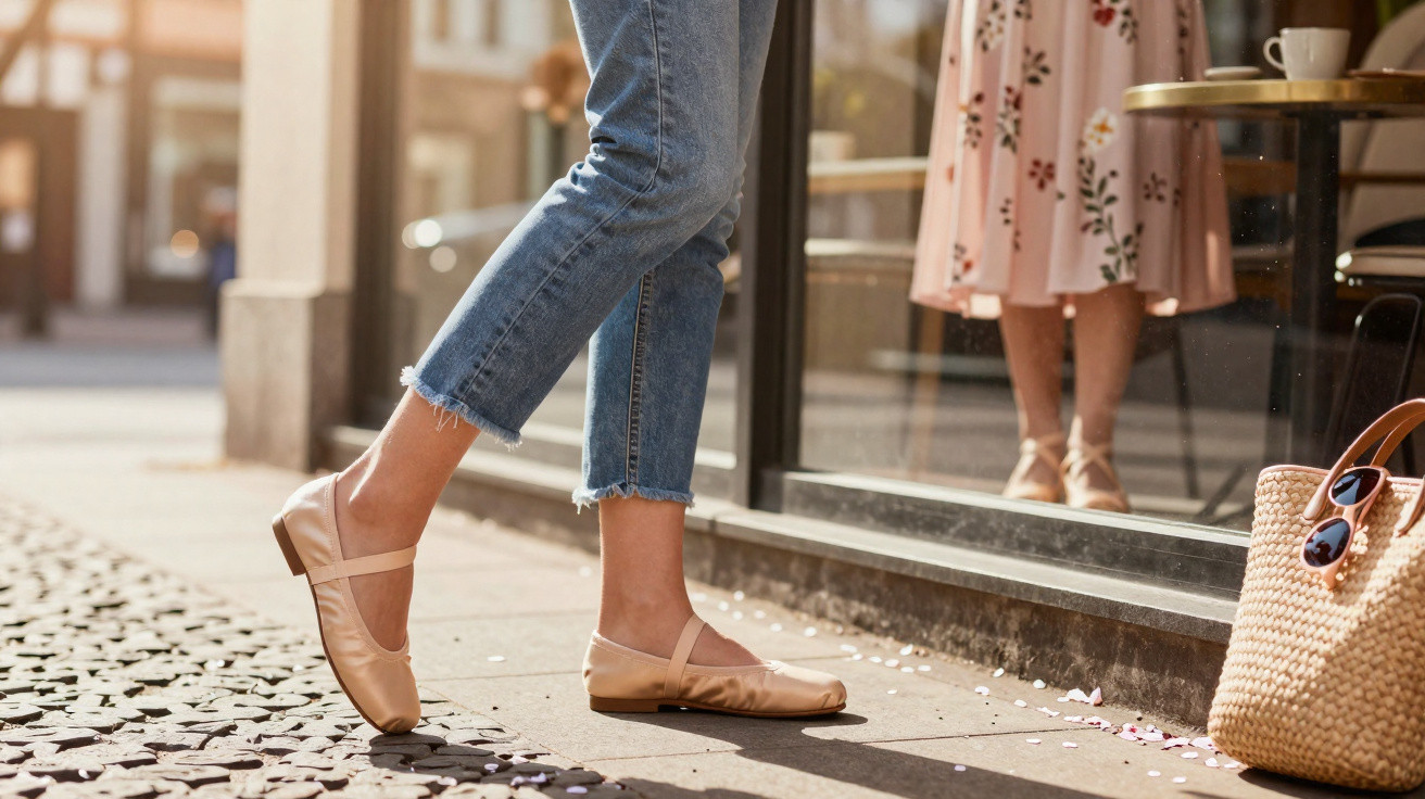 Duas pessoas de pé numa calçada iluminada pelo sol, uma com sapatilhas de balé e jeans, outra com vestido floral.