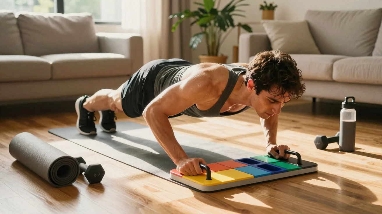 Homem a fazer flexões em casa usando equipamento de treino colorido num tapete de yoga.