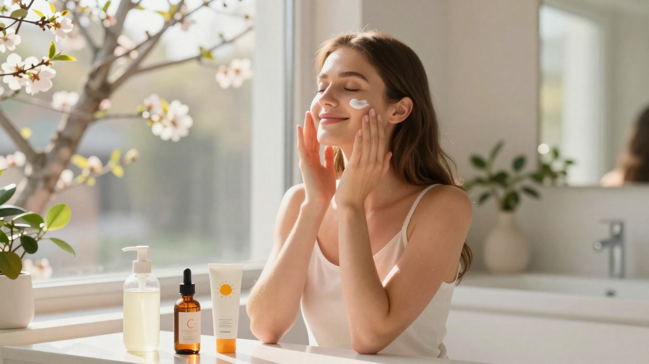 Mulher a aplicar creme facial num quarto iluminado junto a janela com produtos de skincare.