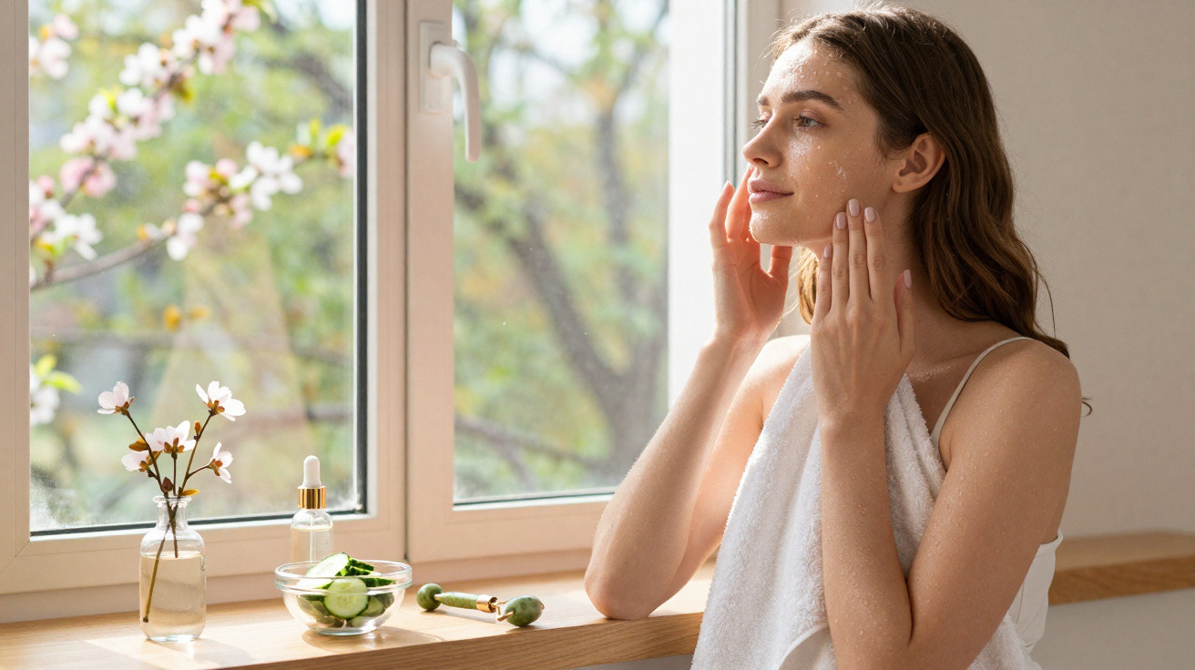 Mulher a cuidar da pele junto a janela, usando toalha branca e produtos naturais sobre o parapeito.
