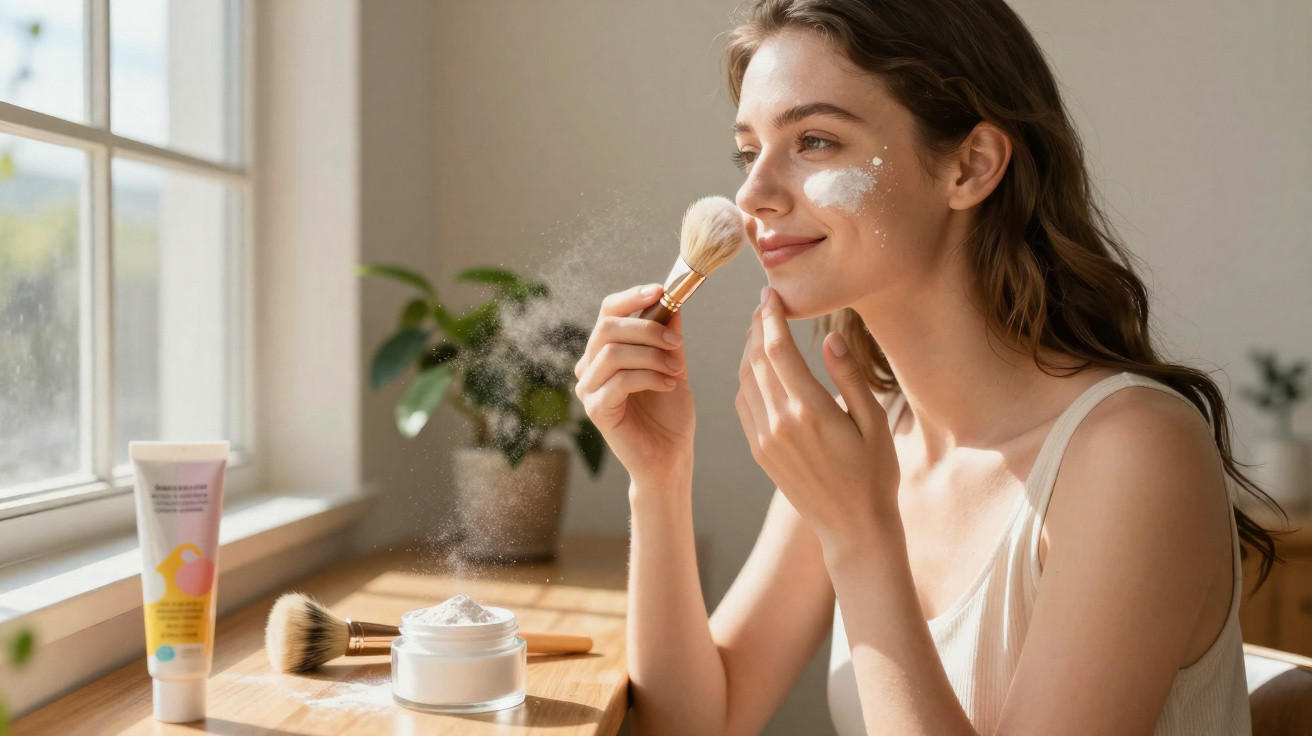 Mulher a aplicar pó facial com pincel perto de janela, em ambiente iluminado e planta decorativa.