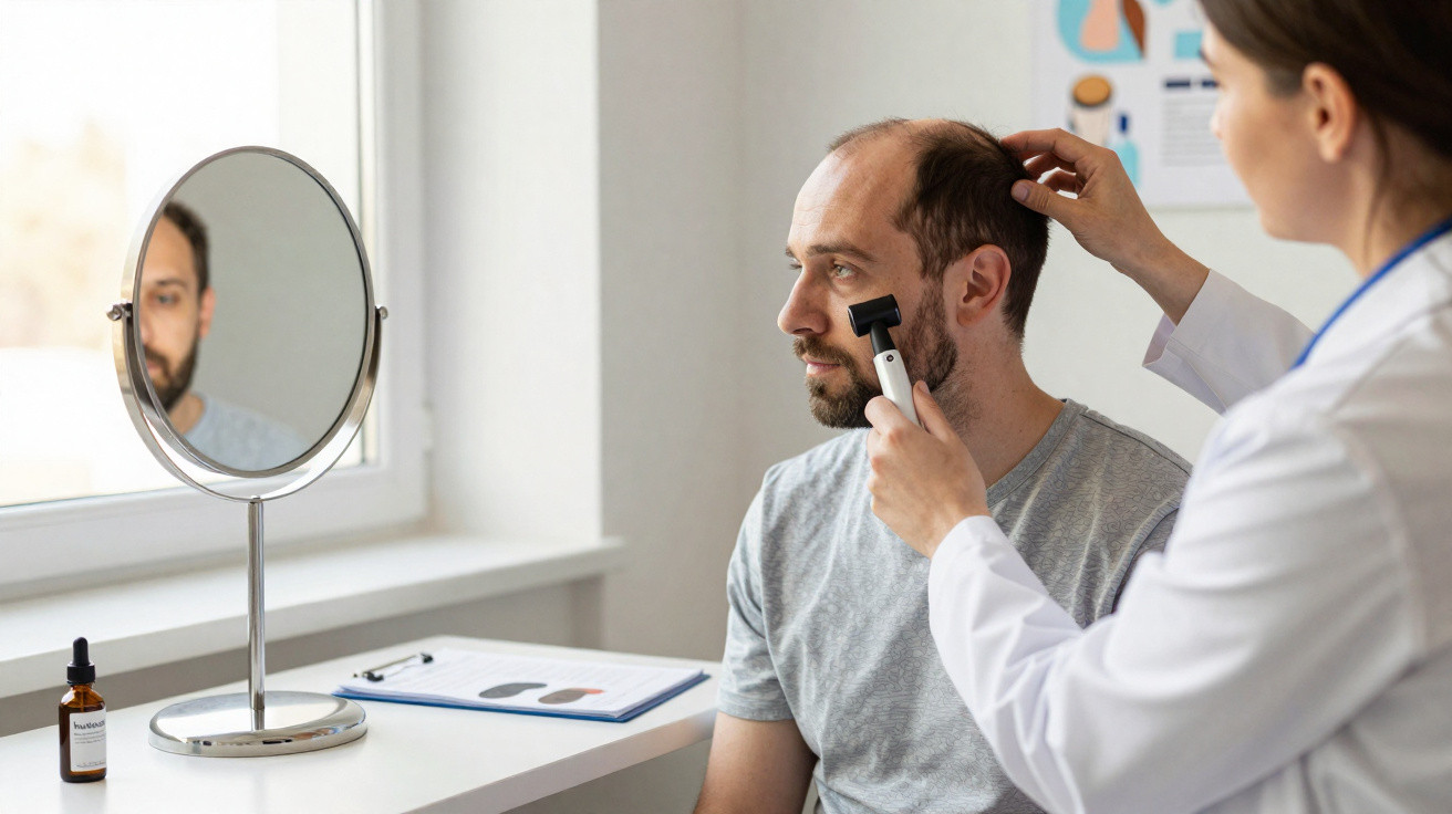 Homem careca sentado a ser avaliado por dermatologista com dermatoscópio numa consulta médica.