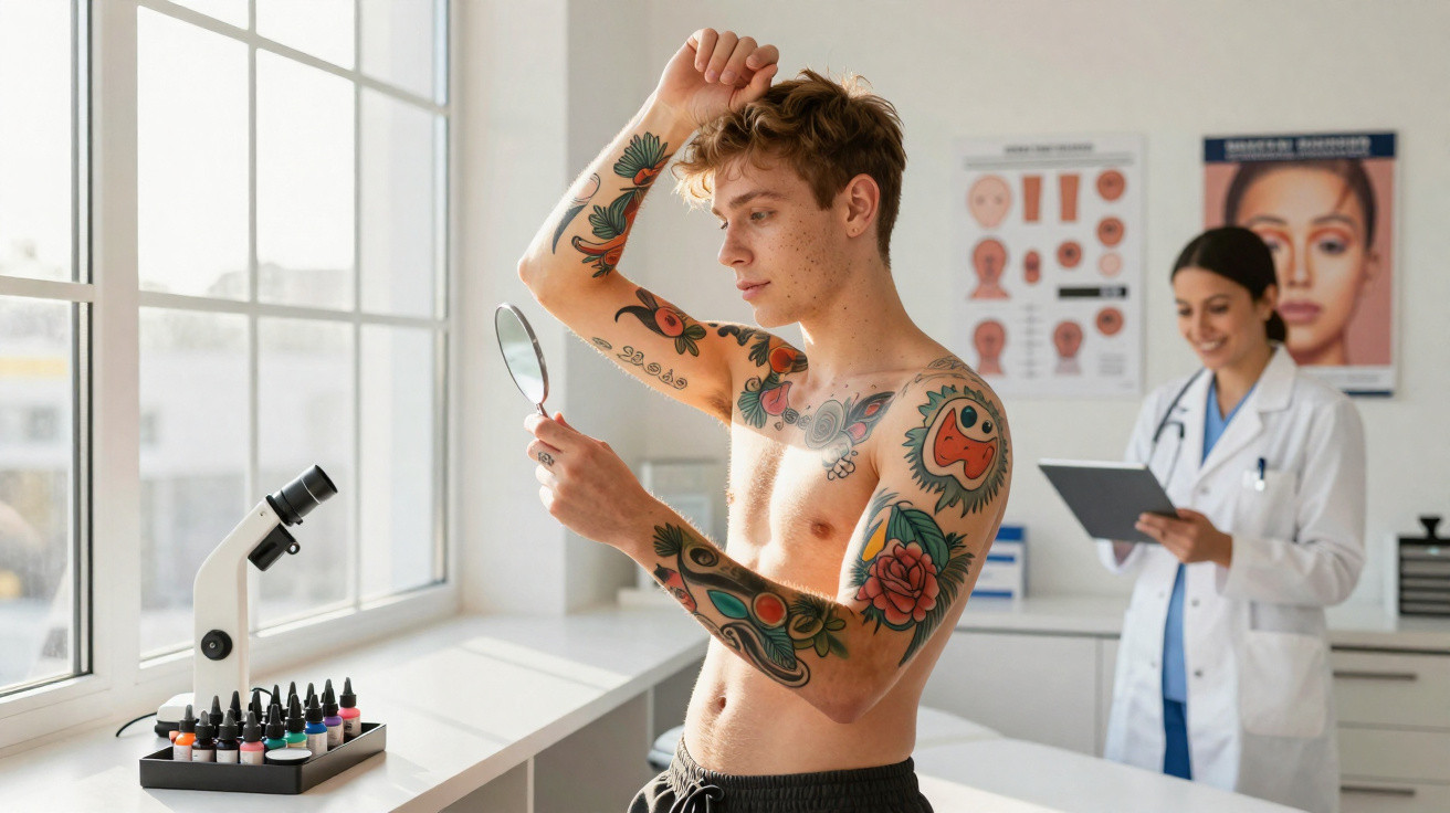 Homem com tatuagens observa a pele ao espelho, enquanto médica sorri ao fundo num consultório.