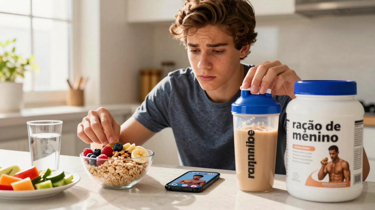 Jovem preocupado segura batido proteico na cozinha, olhando imagem sua com corpo musculado no telemóvel.