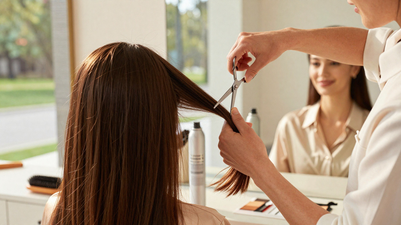 Cabeleireiro a cortar cabelo comprido de mulher num salão de beleza com espelho e maquilhagem.