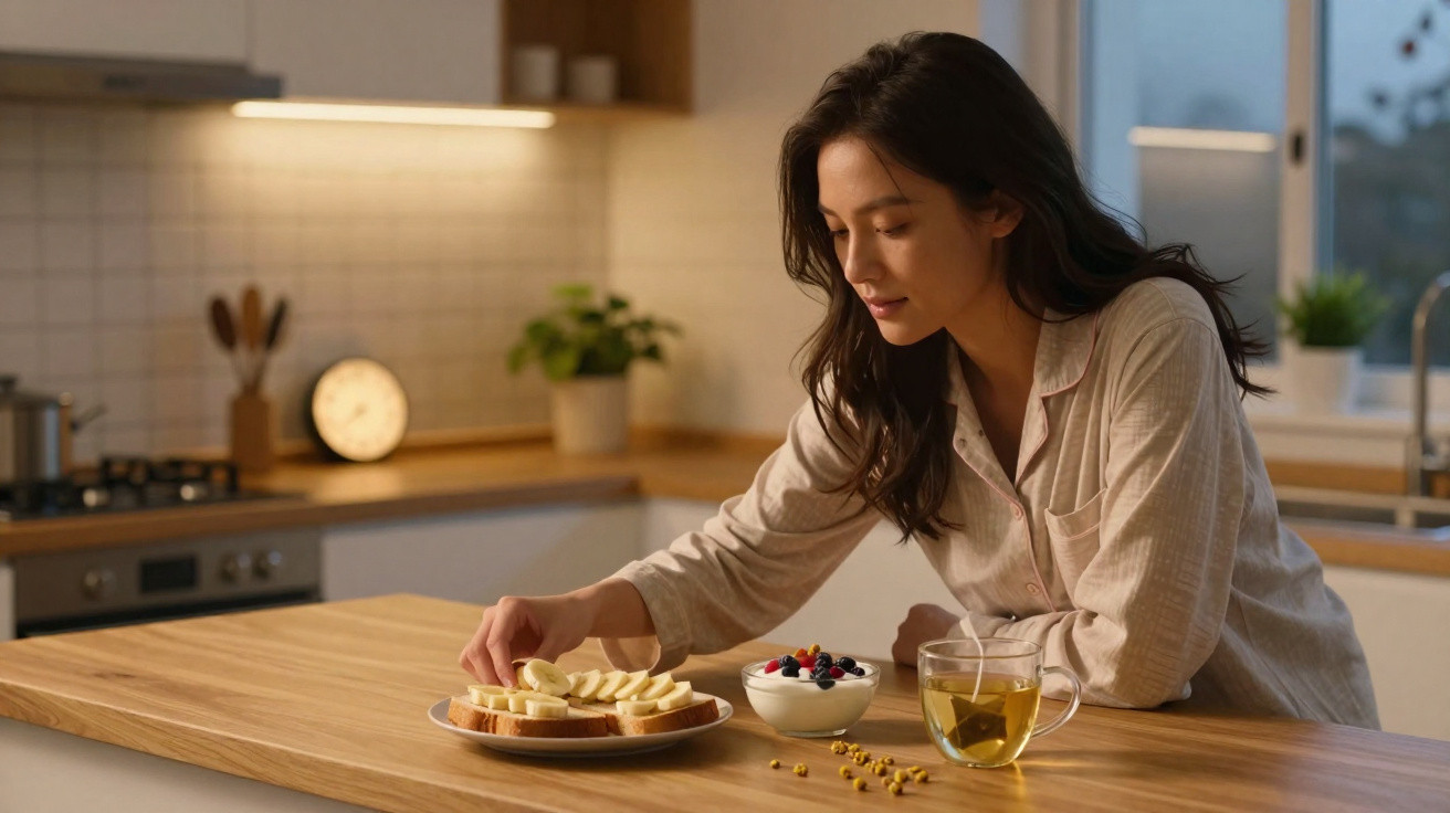 Mulher a preparar torradas com banana numa cozinha moderna durante a noite.