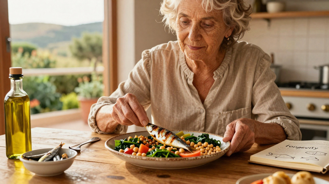 Idosa sentada à mesa a segurar um peixe grelhado com um prato de legumes e leguminosas à sua frente.