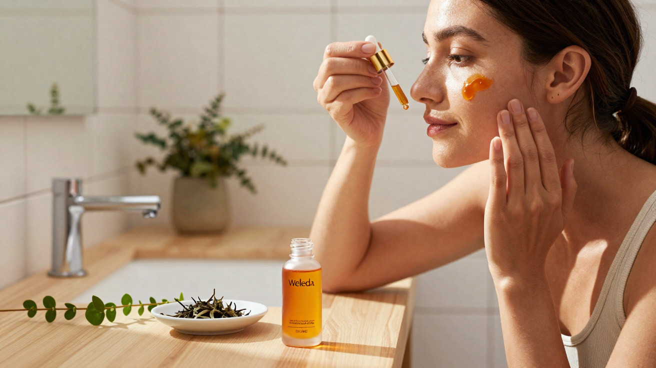 Mulher aplica sérum facial com conta-gotas em ambiente luminoso e natural.