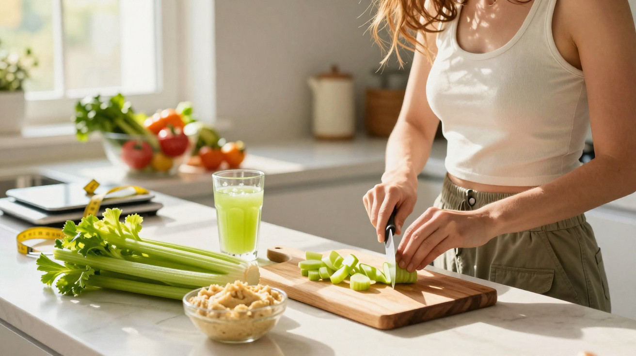 Mulher a cortar aipo numa cozinha luminosa, com batido verde e outros alimentos na bancada.