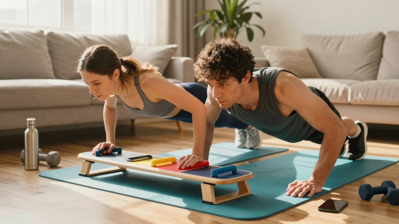 Duas mulheres a fazer flexões em tapetes de exercício numa sala iluminada e aconchegante.