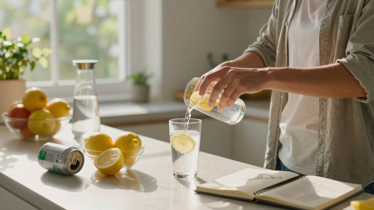 Pessoa a servir água com rodelas de limão num copo numa cozinha iluminada, com frutas e livro aberto na bancada.