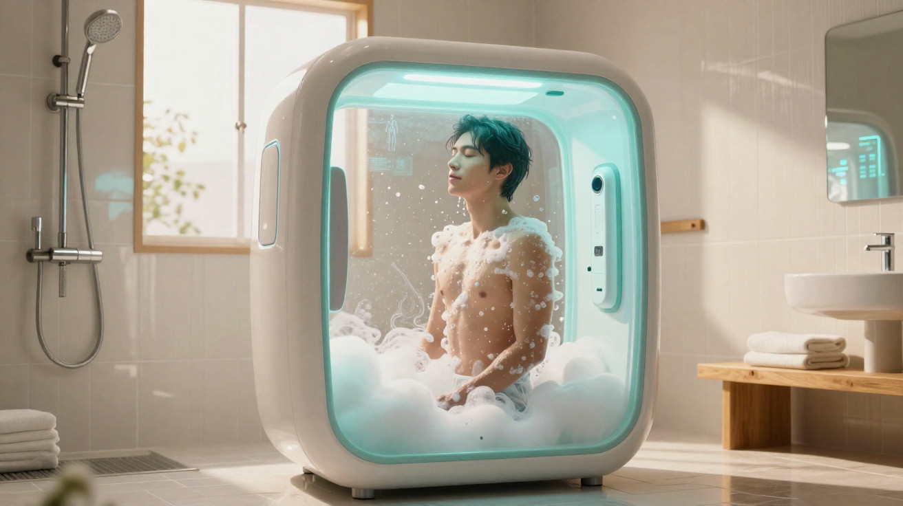 Homem toma duche futurista individual com painéis digitais numa casa de banho moderna e luminosa.
