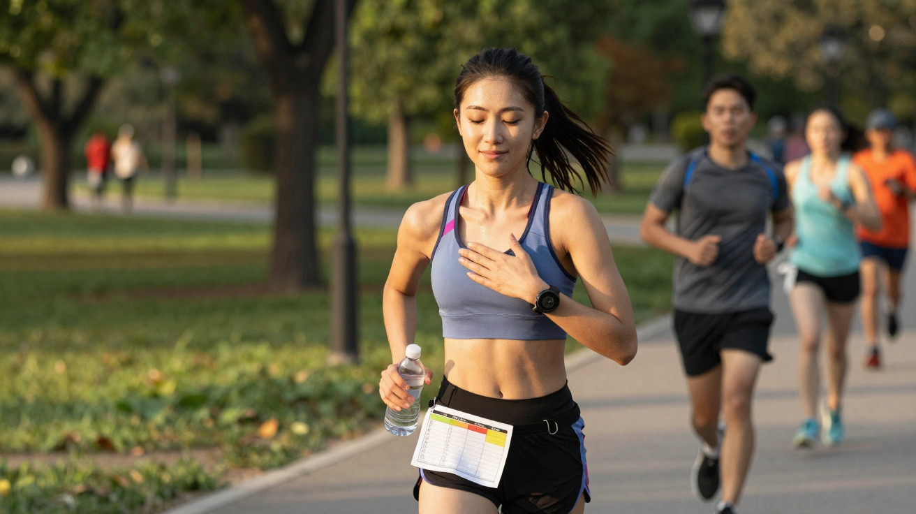 Mulher a correr numa corrida ao ar livre numa manhã ensolarada, rodeada de outros participantes.