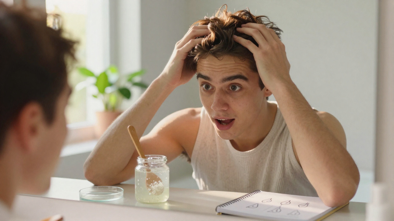 Jovem surpreendido olha para o cabelo ao espelho com frasco e caderno à sua frente.