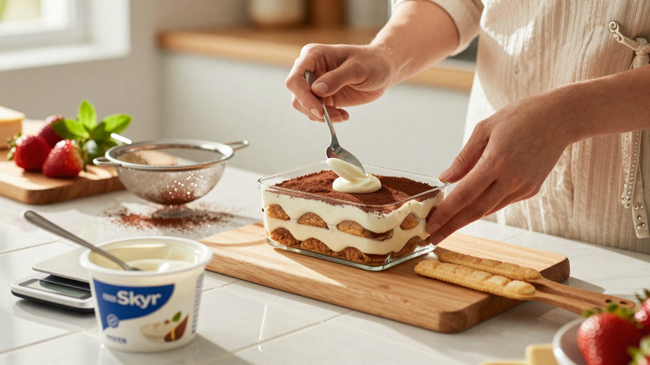 Pessoa a decorar tiramisu com colher em cozinha moderna, com ingredientes e utensílios ao redor.