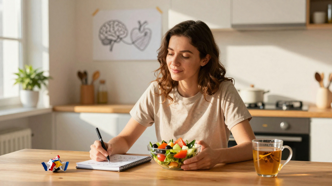 Jovem a escrever num caderno, sentada à mesa com salada e chá numa cozinha iluminada.
