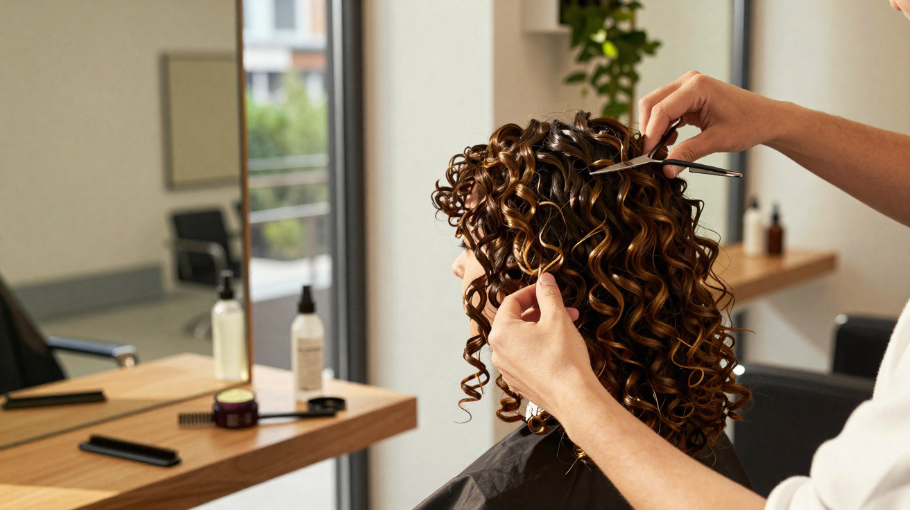 Cliente com cabelo encaracolado castanho a cortar no salão de cabeleireiro.