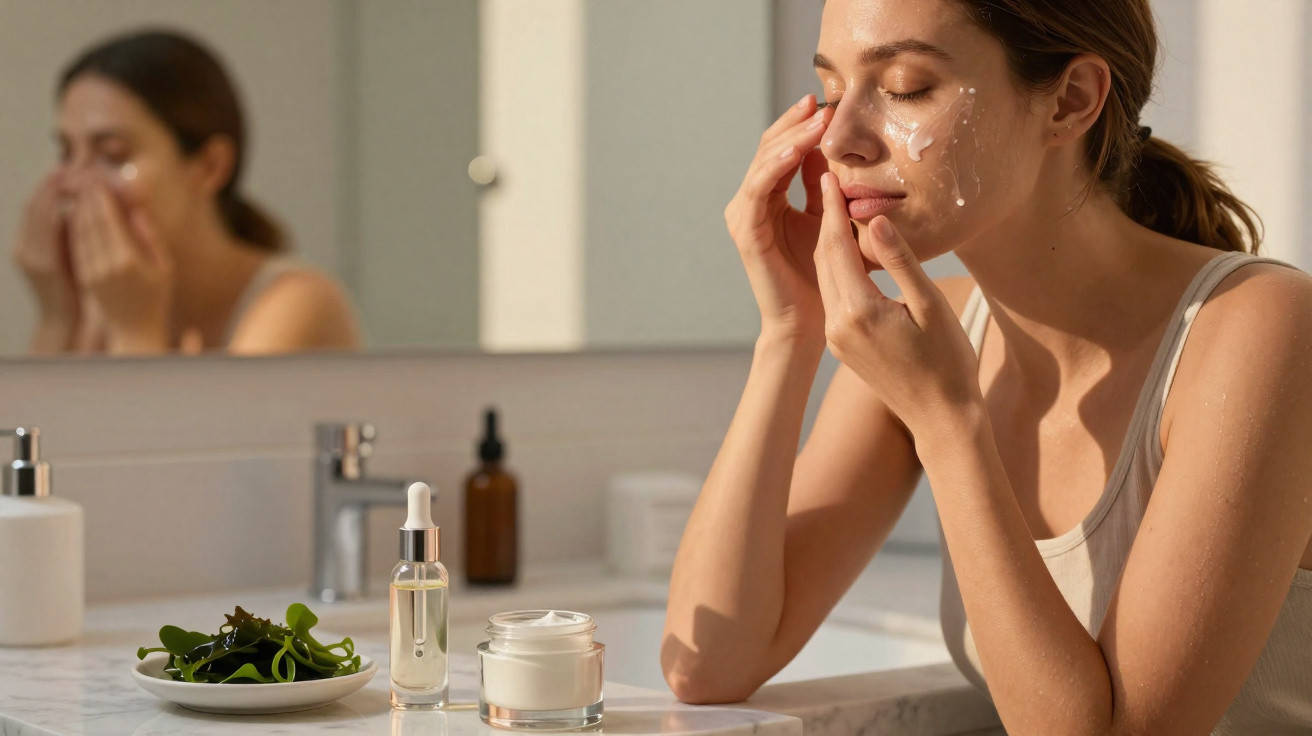 Mulher aplica creme facial num banheiro com frascos de produtos de cuidados da pele sobre a bancada.