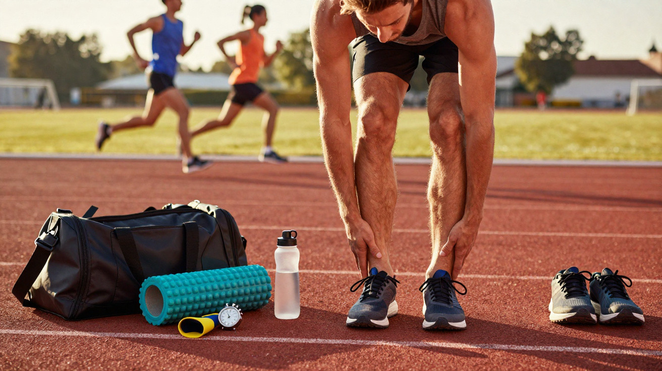 Atleta a alongar-se na pista com mochila, rolo, garrafa de água e cronómetro ao lado.