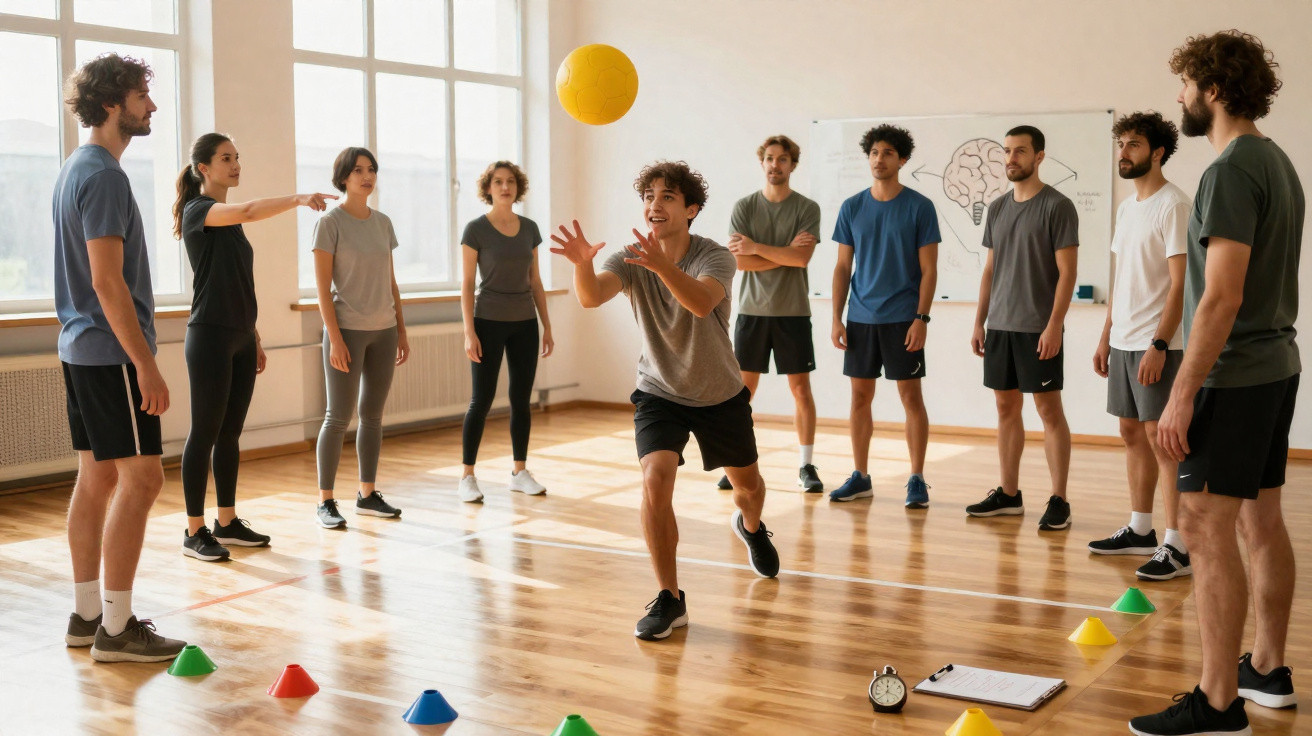 Grupo de jovens a jogar com bola amarela numa sala de ginástica com chão de madeira e janelas amplas.