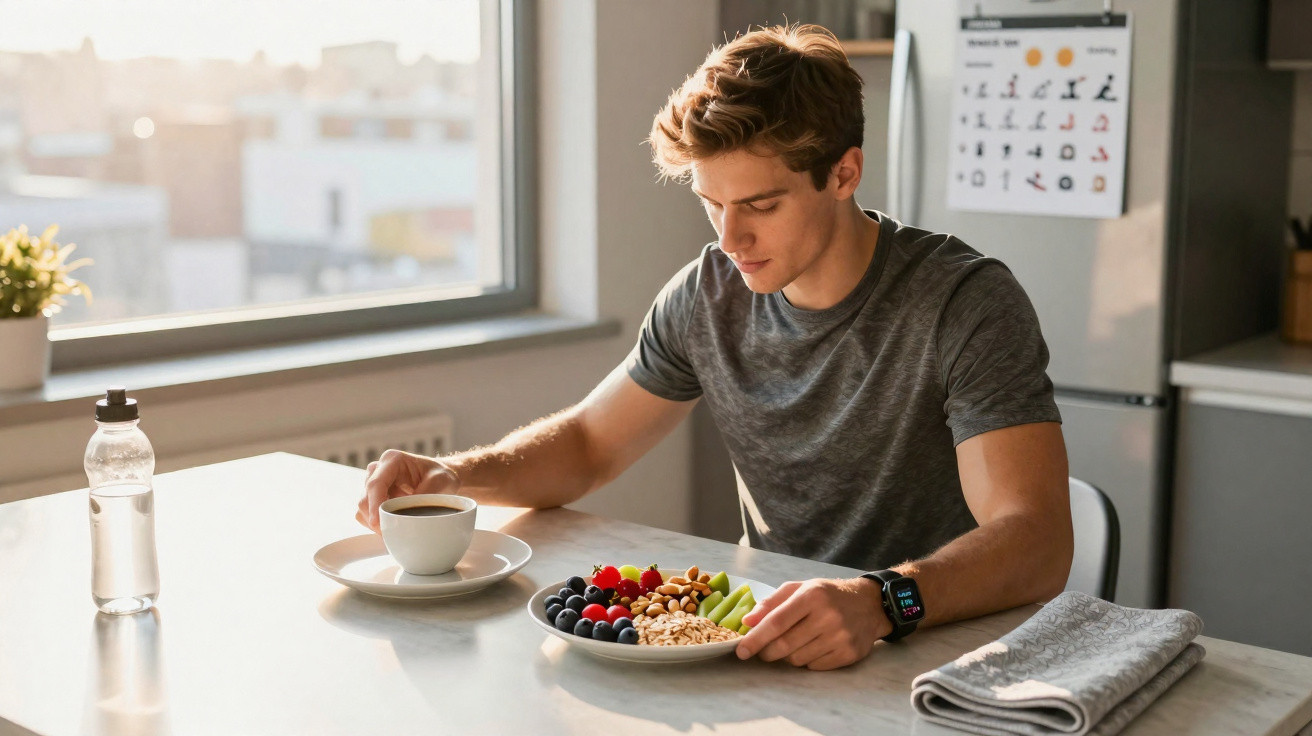 Homem vestido com roupa desportiva sentado à mesa a preparar prato com fruta e cereais, com chá e garrafa de água ao lado.