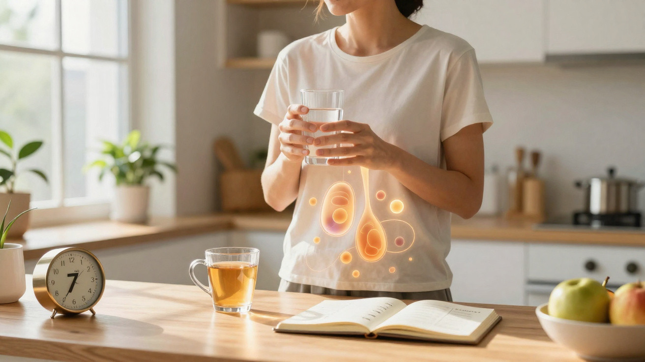 Mulher em cozinha a beber água com chá e caderno numa mesa, simbolizando saúde digestiva.