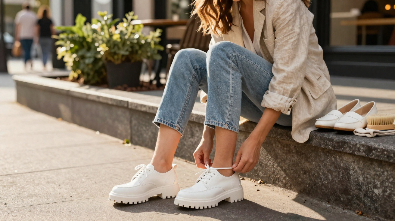 Pessoa sentada num muro exterior a calçar sapatos brancos com sola grossa.