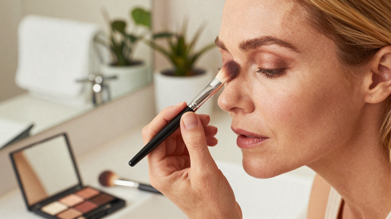 Mulher adulta a aplicar maquilhagem nos olhos com pincel, espelho e paleta de sombras numa mesa.