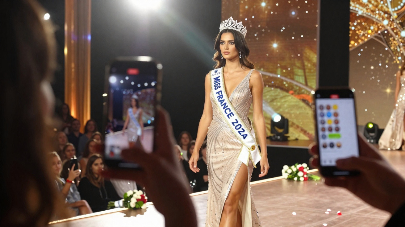 Mulher com vestido brilhante e coroa, sash "Miss France", desfilando numa passadeira em evento de beleza.