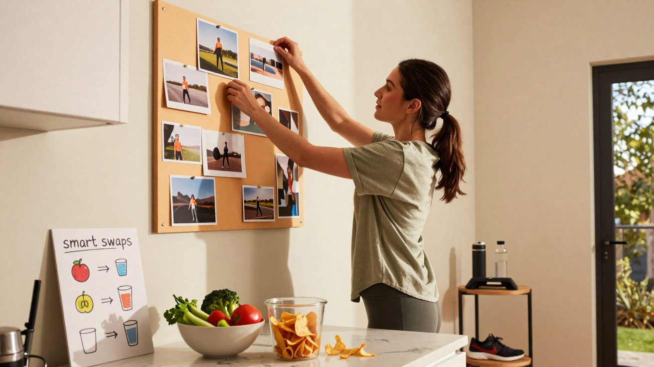 Mulher a pendurar fotografias num painel de cortiça numa cozinha com frutas e snacks na bancada.