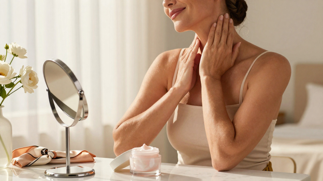 Mulher sorridente a aplicar creme hidratante no pescoço sentada à mesa com espelho e flores.