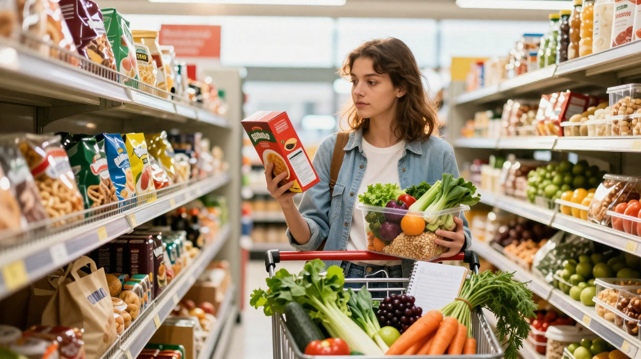 Mulher a fazer compras no supermercado com carrinho cheio de legumes e frutas, lendo embalagem de produto.
