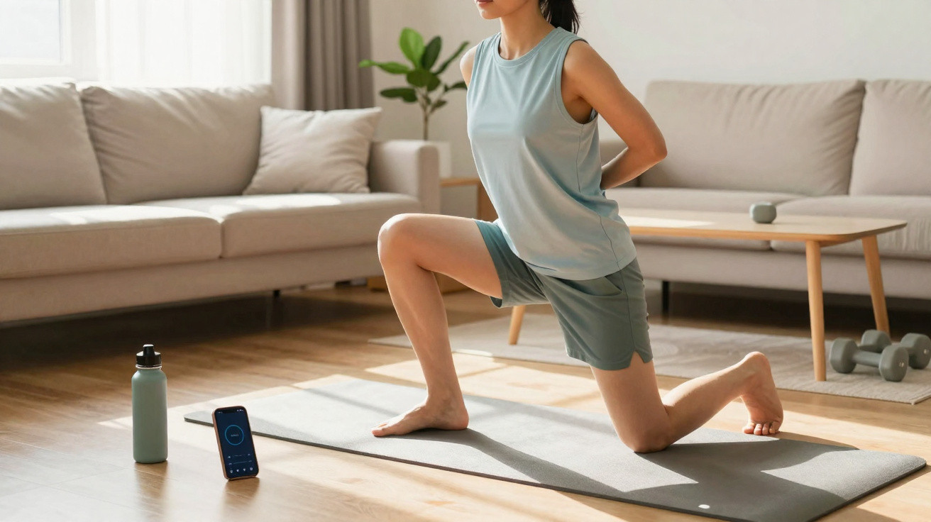Jovem a fazer exercício com smartphone e halteres num tapete no chão da sala de estar iluminada.