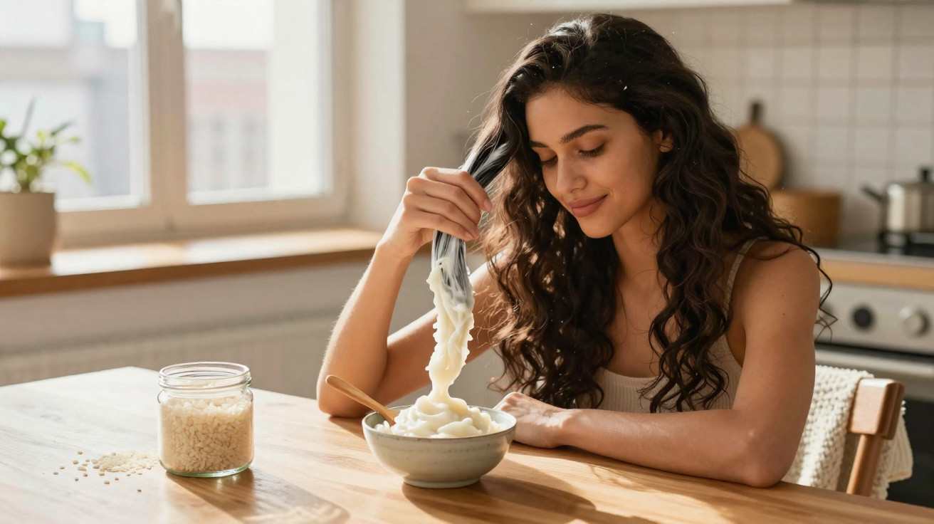 Mulher a espremer óleo de coco sobre uma tigela com creme branco numa cozinha luminosa.