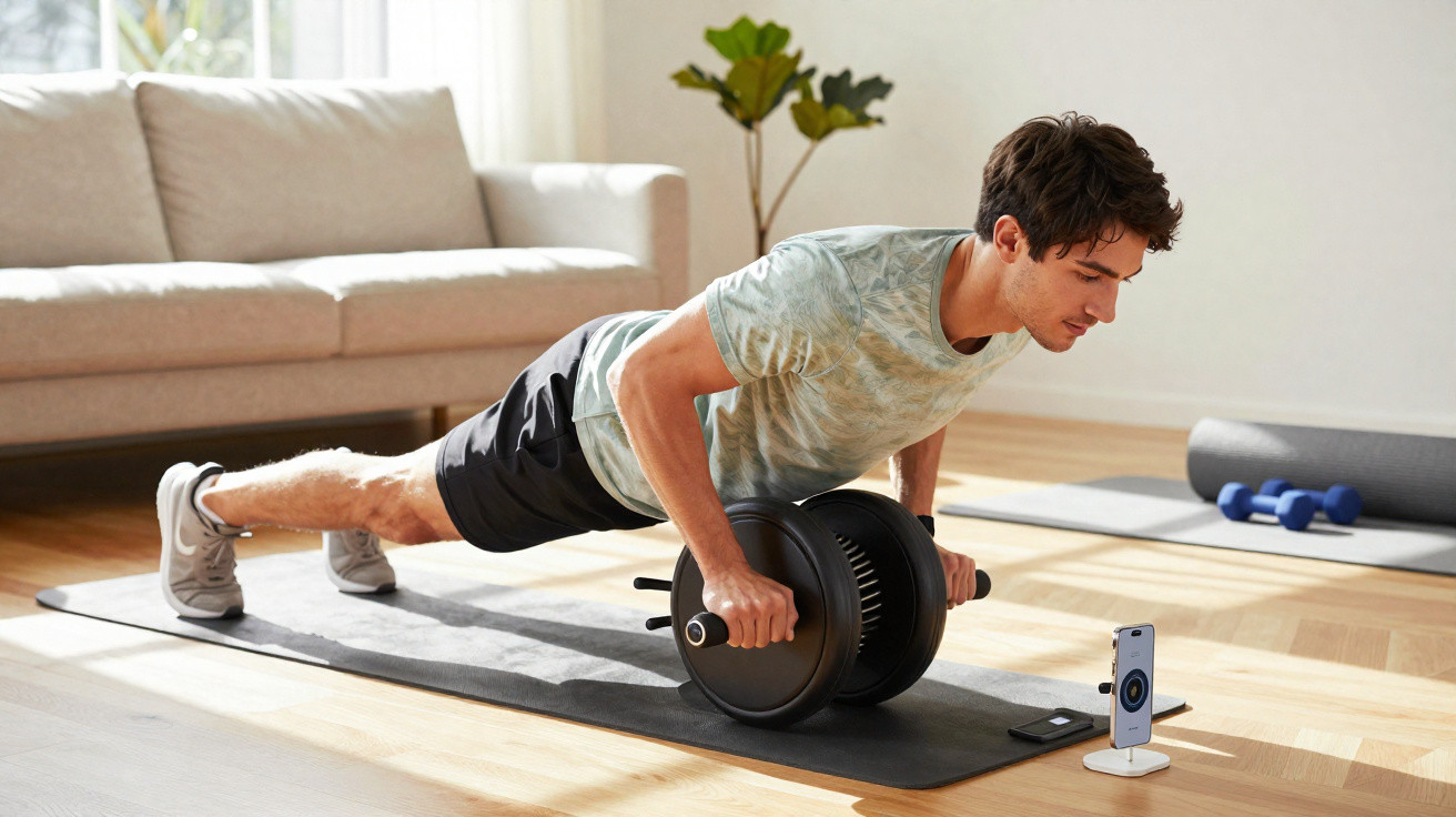 Homem a usar máquina de remo para exercício físico numa sala com sofá e planta.