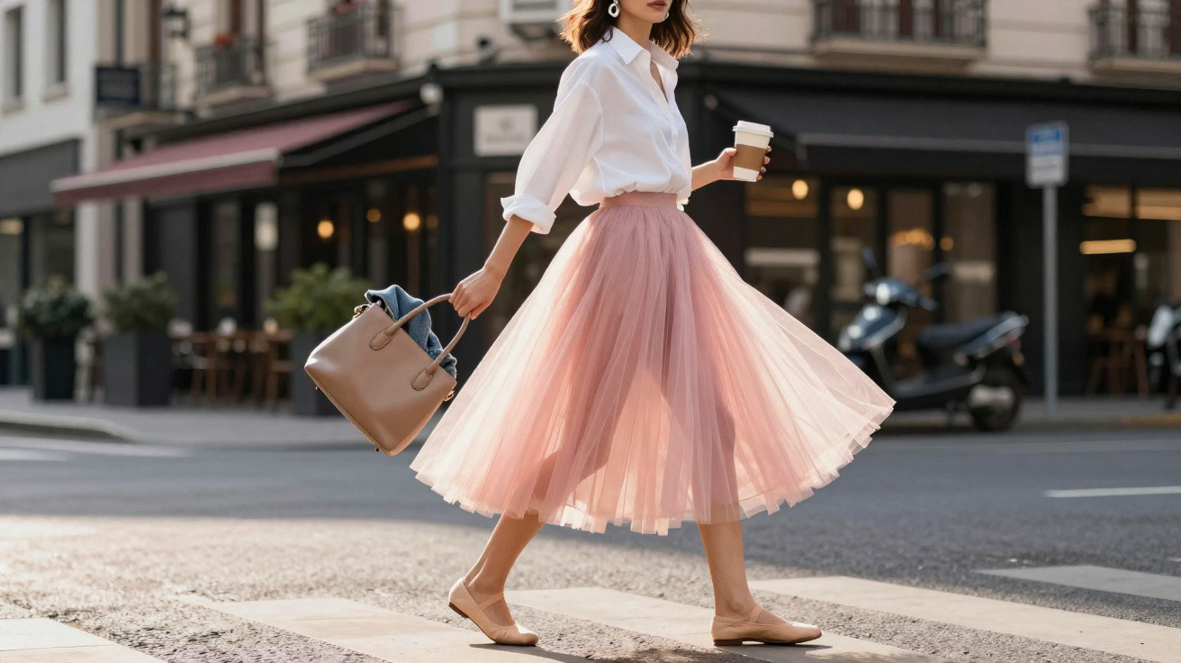 Mulher de saia rosa e camisa branca a atravessar rua com café e mala em dia urbano ensolarado.