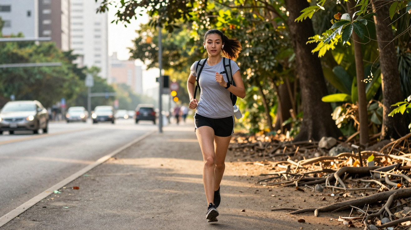 Mulher jovem a correr na berma de rua com árvores e trânsito ao fundo numa manhã ensolarada.