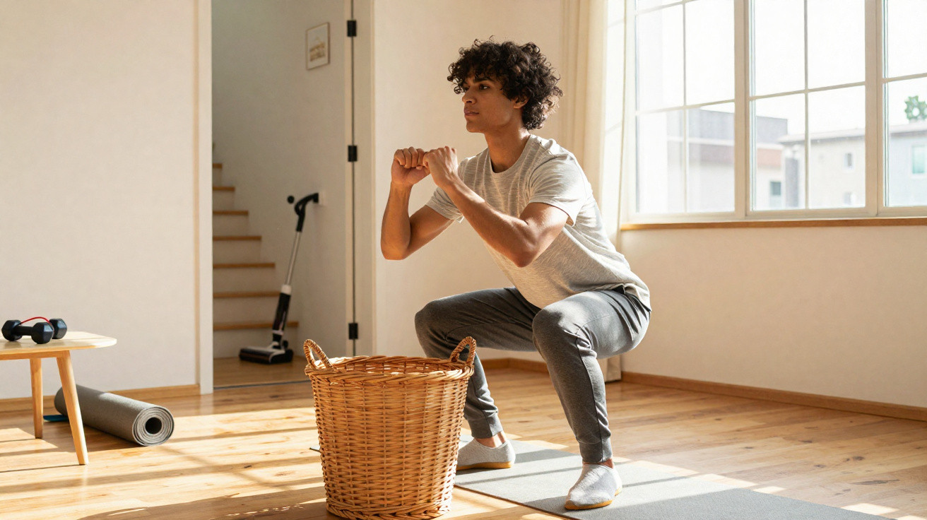 Homem a fazer agachamentos no tapete de exercício em sala iluminada e arejada com acessórios de fitness.