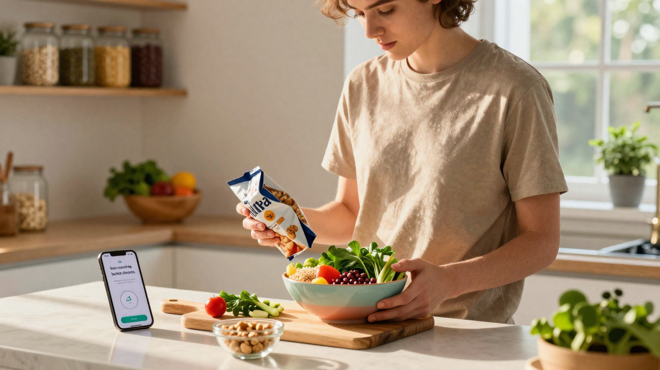 Pessoa prepara salada com legumes frescos e pacote de frutos secos numa cozinha luminosa e moderna.
