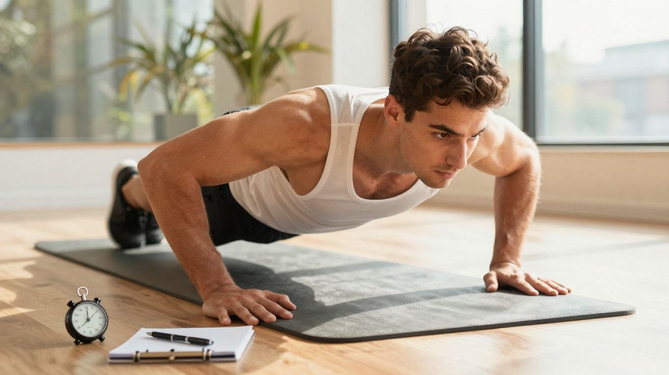 Homem a fazer flexões numa esteira de exercício, com relógio despertador e caderno ao lado.
